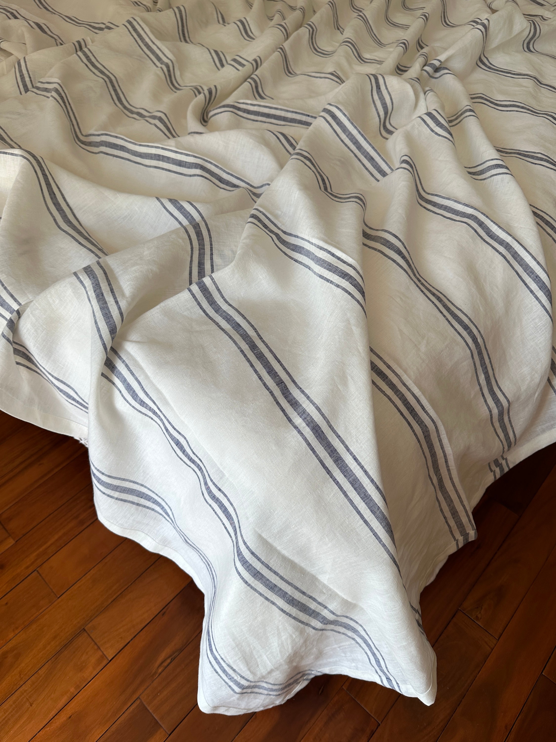 Set of 3 Stone washed Linen bedding blue and soft white striped Flat sheet pillowcases made by Linen Legend