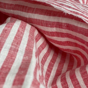 Extra wide linen fabric, 110 inch width, 100% pure flax cloth stone washed linen, medium weight red and white stripes image 2