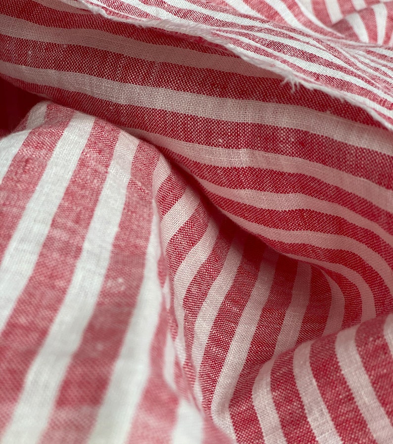 Extra wide linen fabric, 110 inch width, 100% pure flax cloth stone washed linen, medium weight red and white stripes image 2