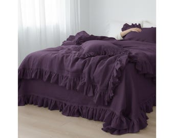 Plum Linen Duvet Cover Set with Ruffles — 3 Piece Bedding Set, European Linen