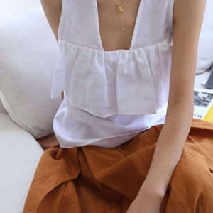 Sleeveless Linen Women Blouse, Ruffled linen Top