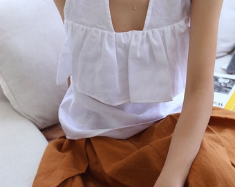 Sleeveless Linen Women Blouse, Ruffled linen Top