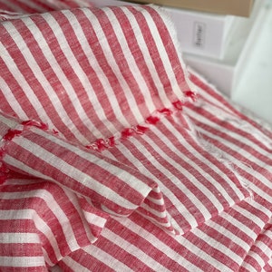 Extra wide linen fabric, 110 inch width, 100% pure flax cloth stone washed linen, medium weight red and white stripes image 7