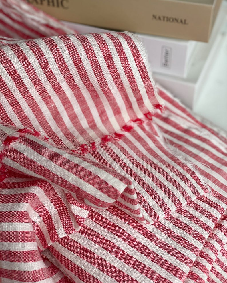 Extra wide linen fabric, 110 inch width, 100% pure flax cloth stone washed linen, medium weight red and white stripes image 7