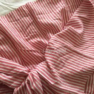 Extra wide linen fabric, 110 inch width, 100% pure flax cloth stone washed linen, medium weight red and white stripes image 10