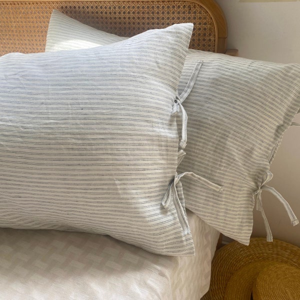 Set of 2 PRE-Washed Linen Pillowcase with Ties, Striped Linen Pillowcase Pillow Shams with bow