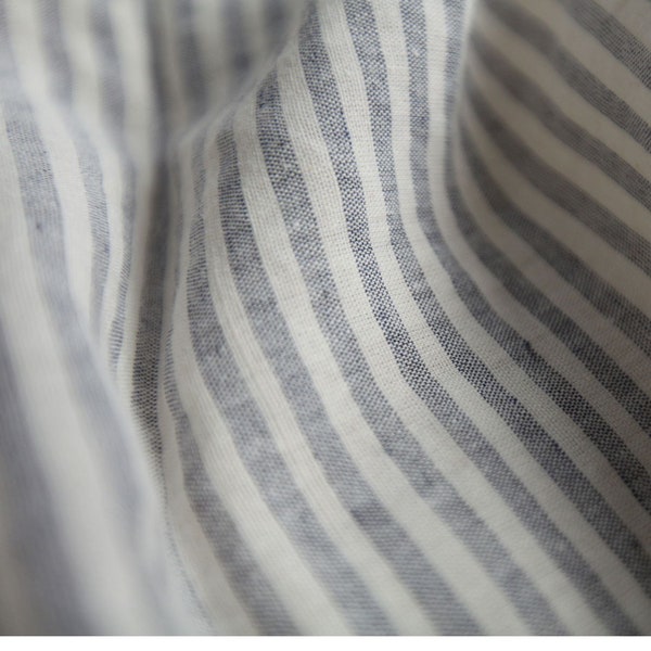 Extra wide linen fabric, 110 inch width, 100% pure flax cloth stone washed linen, medium weight light blue gray stripes