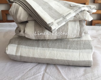 Set di 4 lenzuola in lino 100% stone washed, copripiumino a righe color avena e bianco sporco, 2 federe e lenzuolo con angoli.