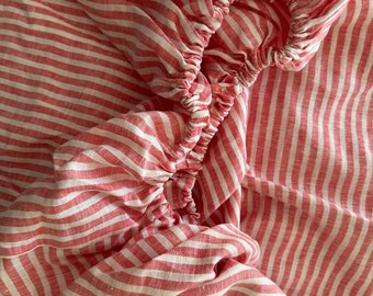 Sábana ajustada de lino lavada en piedra, sábana ajustada a rayas rojas, tamaños personalizados de Linen Legend
