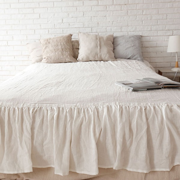 Washed Linen gathered Bed Skirt / Dust Ruffle / Linen Coverlet Cream White