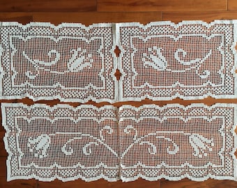 Vintage Filet Lace 3 Pieces set Center piece table runner Placemat 16&quot; x 35&quot; Doily 12&quot; x 18&quot;  light beige