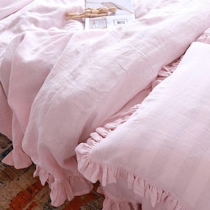 Frilled Linen Bedding Set, Linen Duvet cover with ruffles from three sides, buttons closure, with ruffled pillowcases, organic flax, pink