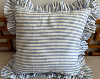 Double Layered Linen Blanket with ruffles all around, blue and white stripes linen blanket