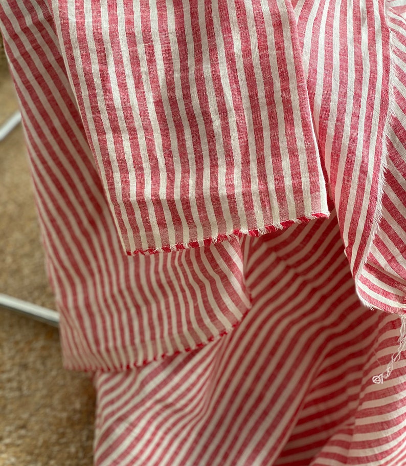 Extra wide linen fabric, 110 inch width, 100% pure flax cloth stone washed linen, medium weight red and white stripes image 8