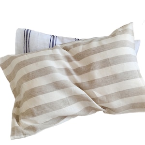Juego de 2 fundas de almohada de lino PRElavado Azul y blanco / Rayas Avena y blanco