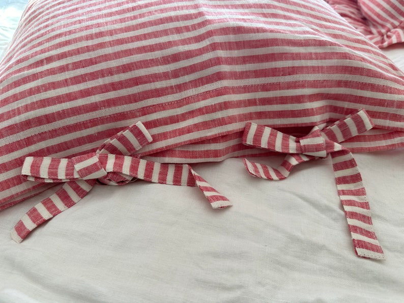 Set of 2 French chic PRE washed Linen Pillow Case Red and White Stripes image 7