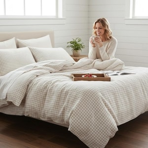 Beige Gingham Linen Duvet Cover Set, Soft Rustic Bedding, King Queen Size, Neutral Farmhouse Bedding, 3 Piece Set