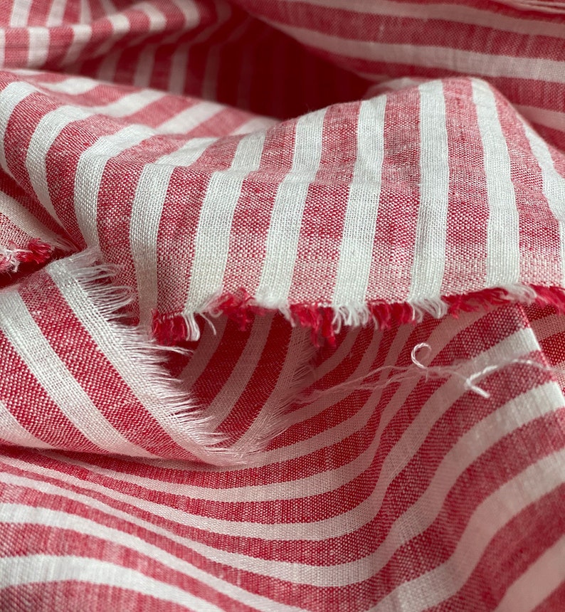 Extra wide linen fabric, 110 inch width, 100% pure flax cloth stone washed linen, medium weight red and white stripes image 3