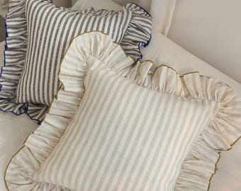 Striped Linen Pillowcase with Ruffles – Handmade Linen Euro Sham with Overlock Edge and Frills, Multiple Sizes Available