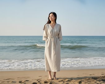 Linen Summer Dress with Tie Waist – Relaxed Midi Linen Dress with Pockets