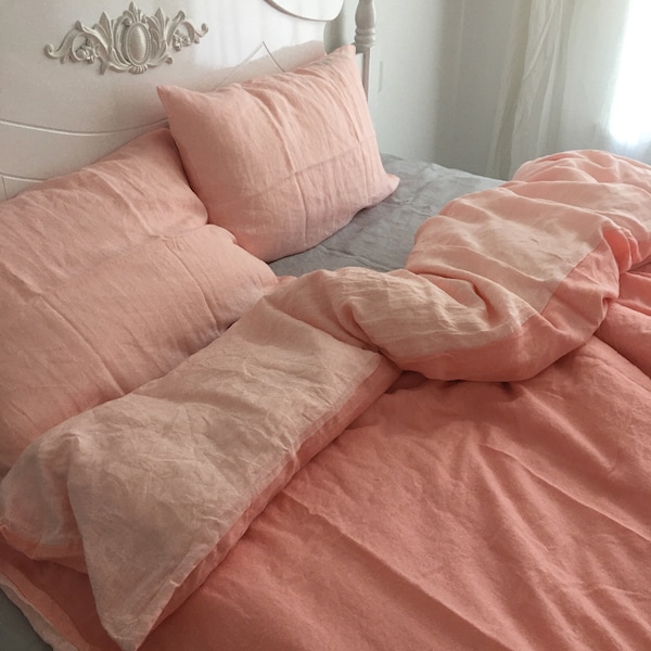 Two Sided Hemp Linen Duvet Cover and Pillowcases, peach contrast pink bedding set, custom color reversible duvet cover, twin queen king