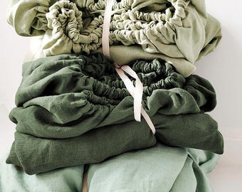 Pre-Washed 100% European Linen Fitted Sheet - Soft Seamless Bedding in Shades of Blue and Green