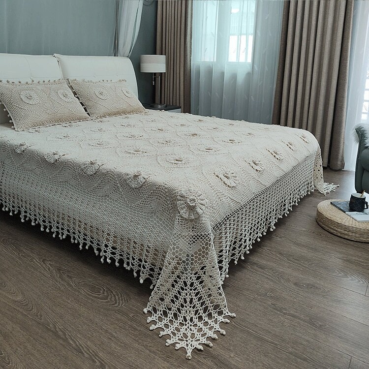 手編みのベッドスプレッド、ベッドカバー、ヴィンテージレース
