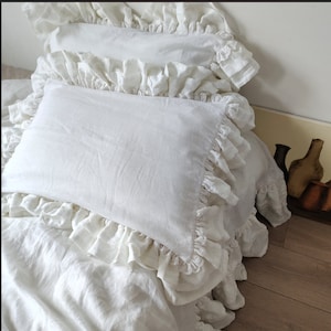 Set of 3 Shabby Pre washed 100% Linen bedding, duvet comforter cover, Water Fall Ruffles with 2 pillowcases in White