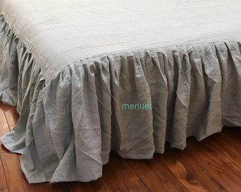 Shabby chic pure Hemp bed skirt, linen Bedding, long dust ruffle Duck egg blue, Twin Full Queen King California King