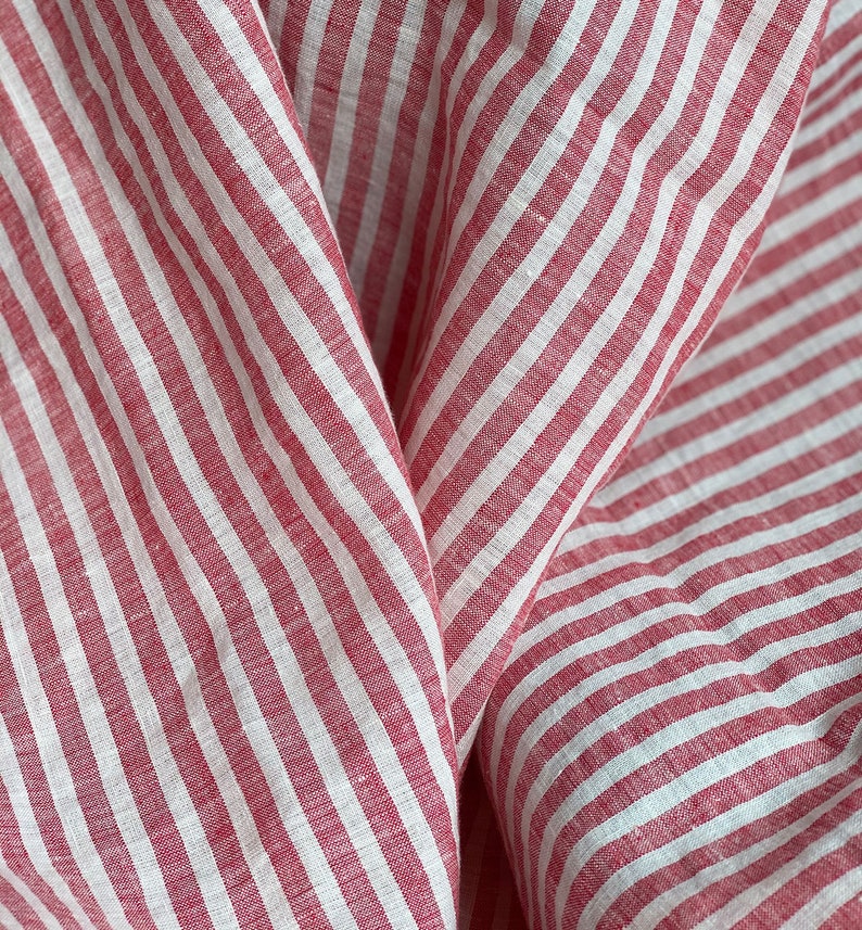 Extra wide linen fabric, 110 inch width, 100% pure flax cloth stone washed linen, medium weight red and white stripes image 6