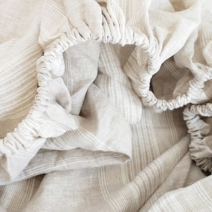 Cottage chic  Stone Washed 100% Linen Bedding Fitted Sheet natural beige stripes ticking Twin Full Queen King Cal King custom sheets