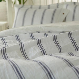 Set of 4 stone washed 100% Linen bedding, blue and off white stripes