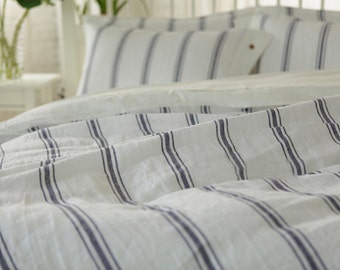 Set of 4 stone washed 100% Linen bedding, blue and off white stripes