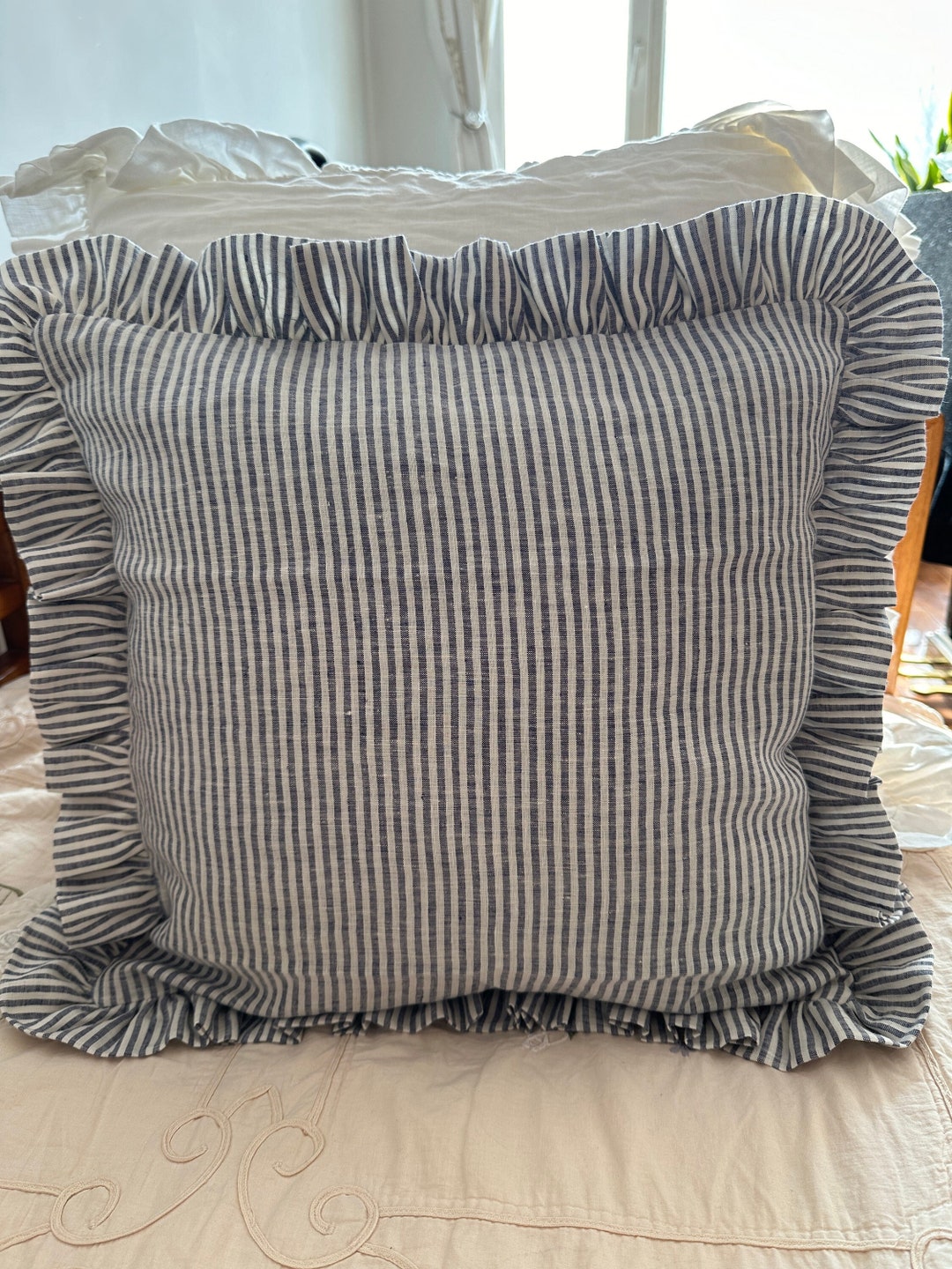 Blue Ticking Stripe Linen Ruffled Euro Sham, Candy Striped Cushion ...