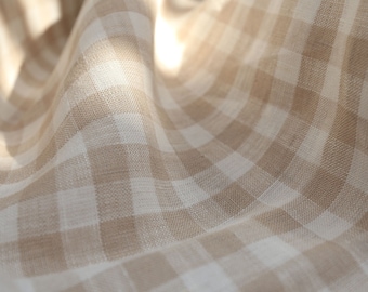 Extra wide linen fabric, 110 inch width, 100% pure flax cloth stone washed linen, medium weight beige gingham