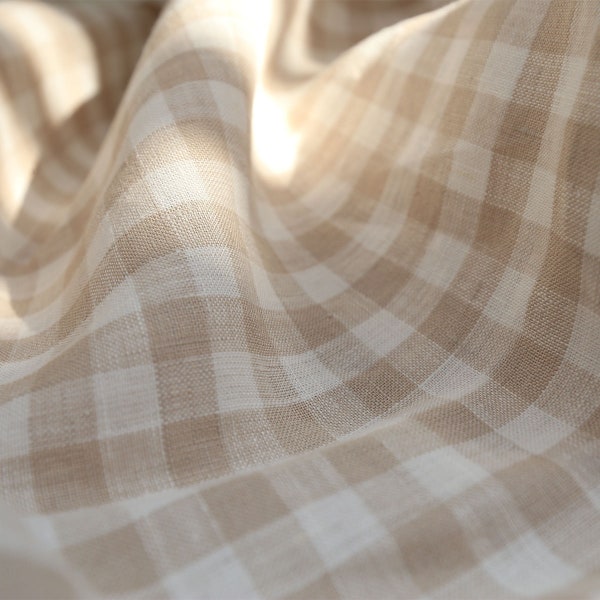 Extra wide linen fabric, 110 inch width, 100% pure flax cloth stone washed linen, medium weight beige gingham
