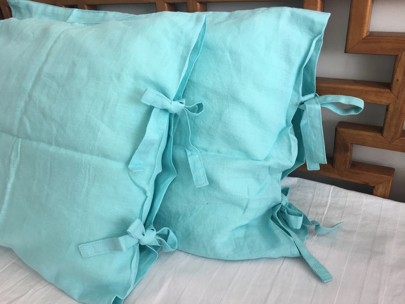 A Pair Washed Linen Pillowcases With Ties 100 Linen Pillow Etsy