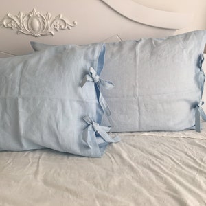 A Pair Light blue Linen pillowcases with ties, pillow sham cover with bow