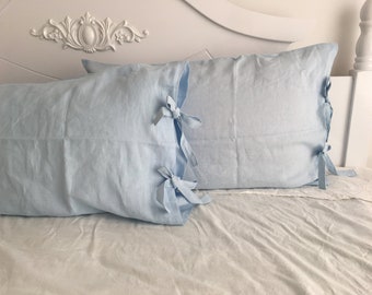 A Pair Light blue Linen pillowcases with ties, pillow sham cover with bow