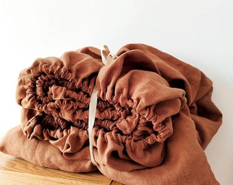 Pre-Washed 100% European Linen Fitted Sheet - Soft and Seamless Bedding in Earth Tones