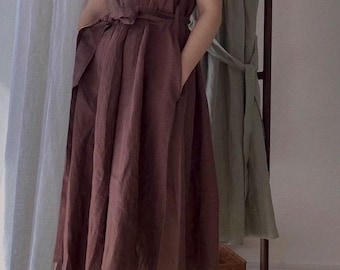 Linen Front Pleat Dress, Sleeveless Pure Linen Oversized Dress, Casual Loose Dress