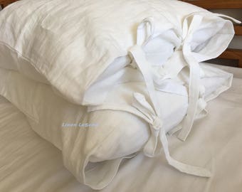 2 pcs Set Shabby chic washed 100% Linen  pillowcase  with ties