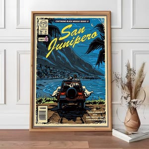 Arte de capa vintage de San Junipero, decoração para casa, arte de parede em tela, presente personalizado, pôster personalizado, impressão de arte de parede