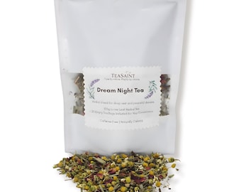 Té TeaSaint Dream Night – Mezcla de hierbas relajantes para dormir / Manzanilla, lavanda y limoncillo / Té para dormir sin cafeína / Hojas sueltas 100 g