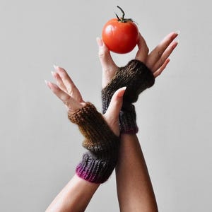 Hand Knit Wool Fingerless Gloves: Multi-Colored Texting Mittens