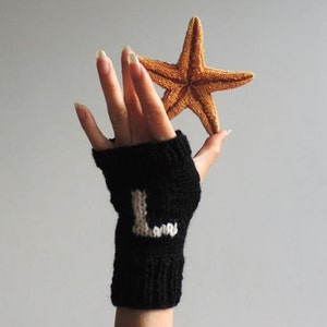 ETSY's Pick Gloves Hand Knit Fingerless Gloves Wrist Warmers Black Winter Gloves Left & Right Gloves Gloves with Letter L R image 3