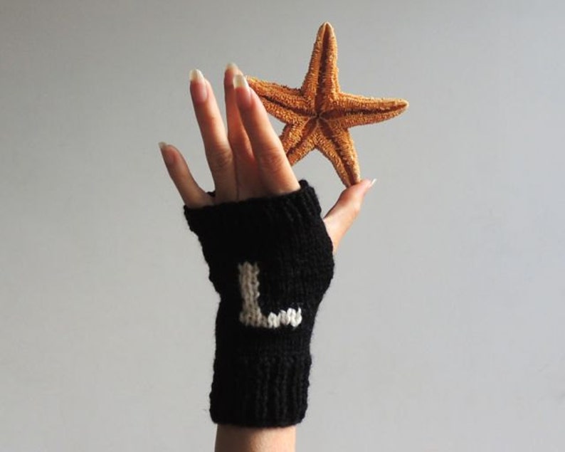 ETSY's Pick Gloves Hand Knit Fingerless Gloves Wrist Warmers Black Winter Gloves Left & Right Gloves Gloves with Letter L R image 3