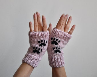 Hand Knit Pink Cat Paw Fingerless Gloves: Wool Blend Mittens