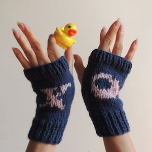 Hand Knit Gloves - Mittens - Gloves with Letter XO - Hugs + Kisses - Fingerless Gloves - Blue Mist Gloves - Pink Tender Love - Wrist Warmers