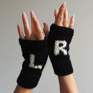 ETSY's Pick Gloves Hand Knit Fingerless Gloves Wrist Warmers Black Winter Gloves Left & Right Gloves Gloves with Letter L R image 1